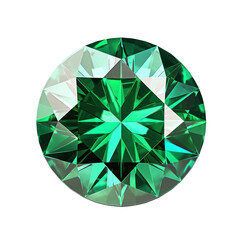 Round cut green diamond jewel glowing emerald hue with facets on transparent background