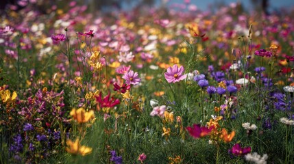 Naklejka premium Wide meadow bursting with colorful wildflowers, alive with butterflies dancing in the air and bees gently collecting nectar in the warm afternoon light.