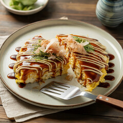 Cute Okonomiyaki Cooking on Frying Pan Delicious Food Clip Art, Premium quality Food presentation, healthy Food stock photo
