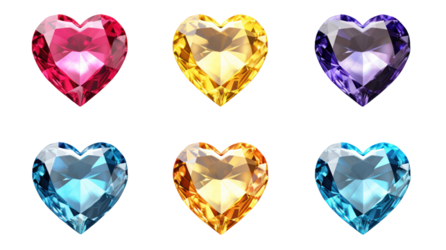 Set of 9 different color high-resolution 3D rendering heart-shaped gemstones on transparent background