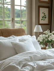 Cozy bedroom featuring a neatly made bed with white linens, decorative pillows, and a bedside table adorned with a vase of fresh flowers, creating a serene and inviting atmosphere