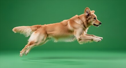Dynamic side view of an athletic golden retriever dog captured mid-air, leaping gracefully across a vibrant green screen studio background