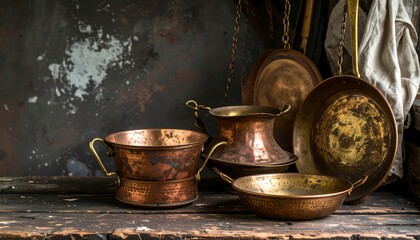 Copper cookware on a rustic wooden surface