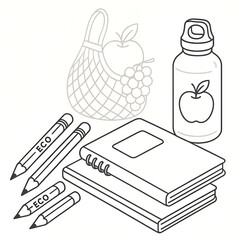 Eco friendly line art illustration with sustainable bag water bottle and reusable stationery design
