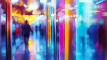 Fototapeta premium Elevator doors closing with colorful neon reflections, blurred shoppers visible in glossy steel surface