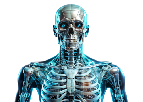 Futuristic Cyborg Skeleton with Glowing Blue Eyes on robot human anatomy isolated on a transparent background