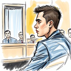 An illustrated sketch of a man in a courtroom with judges behind him