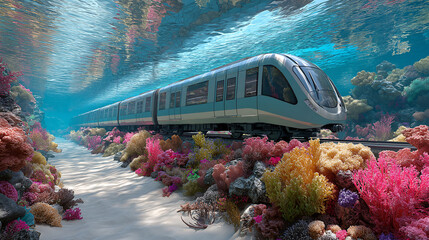 A futuristic train inspired by digital future on underwater view
