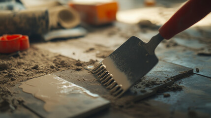 Trowel spreading adhesive during home renovation. Construction job with messy tools and materials.