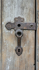 An old, rusty metal lock adorns a weathered wooden door. Rustic beauty of aged materials.