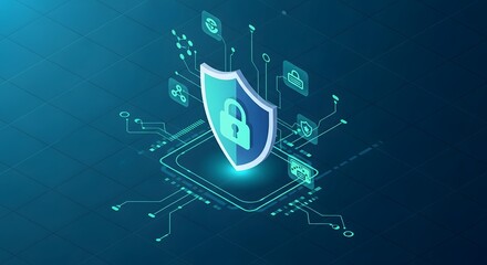 Digital cybersecurity shield with glowing lock symbol and futuristic network connections, data protection and online safety technology concept for secure information system