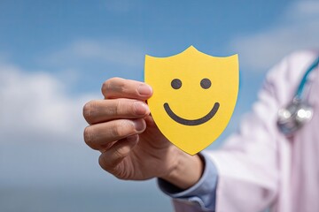 Smiling shield held by healthcare professional