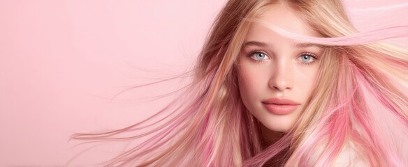 Fototapeta premium The young woman with flowing pink hair and captivating blue eyes.