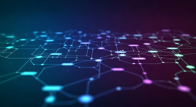 Abstract Technology Network Glowing with Blue and Purple Light on Dark Background