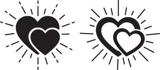 Two hearts embracing with radiant lines silhouette