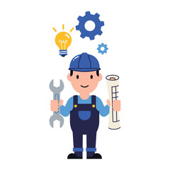 Construction Worker With Blueprint: An illustration of a construction worker holding a blueprint and wrench. The scene is set with symbolic elements representing industry and innovation.