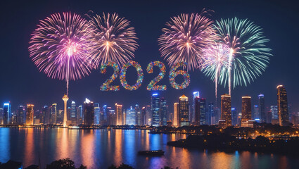 Fototapeta premium Spectacular 2020 new year fireworks display over a city skyline reflecting in water