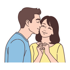 Affectionate Moment: A tender embrace, where a man gently kisses a woman on the cheek, their faces filled with love, creating an illustration that speaks of tenderness and romantic connection.
