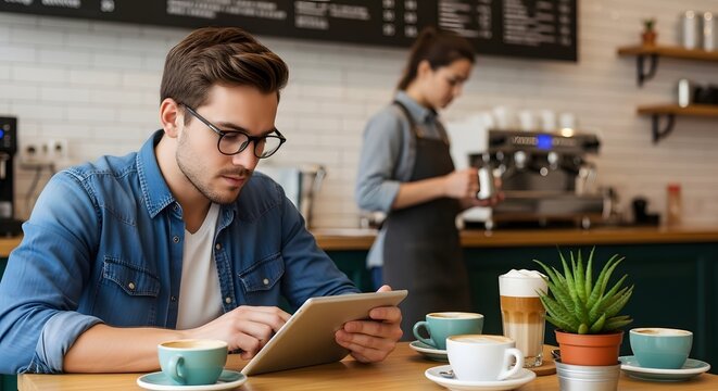 Man using tablet in cafe coffee shop with barista working and latte art drinks on the table top surface