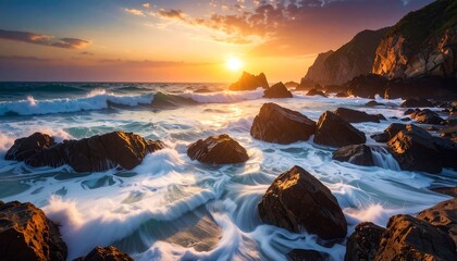 Coastal Sunset, Ocean Waves Crashing on Rocks