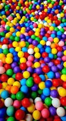 Cheerful and inviting ball pit brimming with bright, multicolored plastic balls, perfect for children's play and sensory exploration. Captures the essence of fun, joy, and childhood entertainment