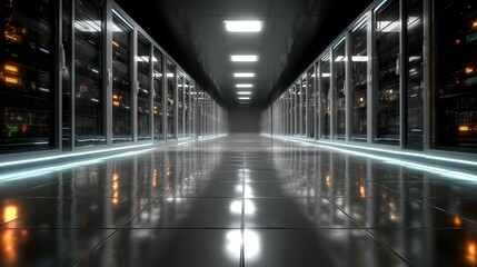 Server room with rows of computer racks in data center