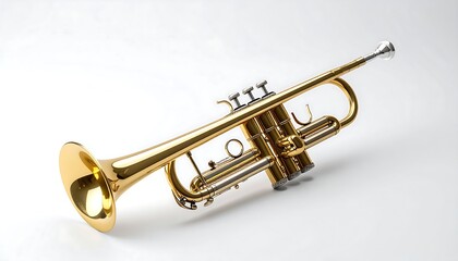 Obraz premium Golden Trumpet: A polished golden trumpet, the epitome of musical elegance, rests in a studio setting, its curves gleaming under soft lighting, ready to produce a harmonious melody.