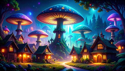 Magical Mushroom Village at Night, Fantasy Landscape, Illuminated Homes.