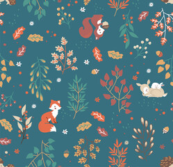  vector seamless patterns with cute animals - fox, deer, squirrel, rabbit, hedgehog . A pattern of leaves and berries. For baby, woman .textiles, fabrics, souvenirs, packaging © Aglaia