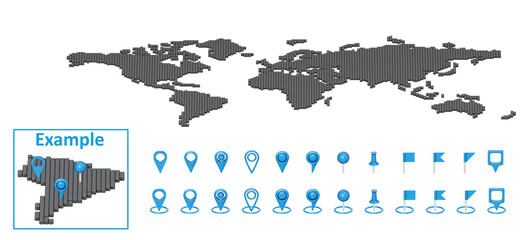World Map and map pin 3D icon set for enhanced shipment tracking, location marking, and GPS navigation in delivery services. Example in blue. Isolated on a transparent background. 3D illustration. © Orange Dragon Studio