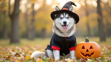 Playful husky dog wearing a witch hat and costume sits beside a carved pumpkin in a colorful autumn park, capturing the festive spirit of Halloween celebrations