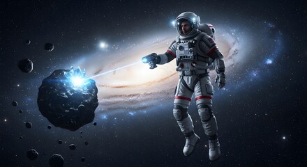 Fototapeta premium Astronaut Exploring Space, Interacting with Asteroid in Galaxy