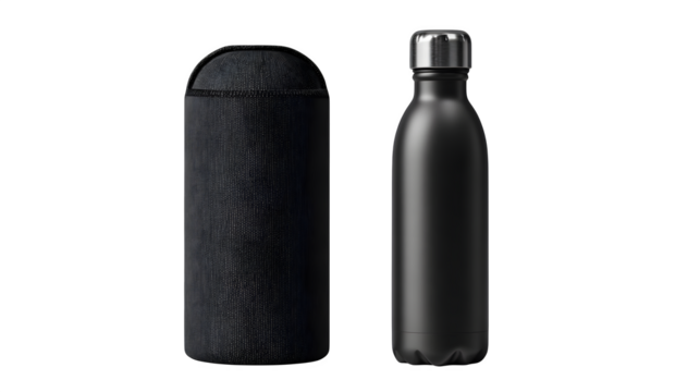 Black Water Bottle with Carrying Case, isolated on transparent background