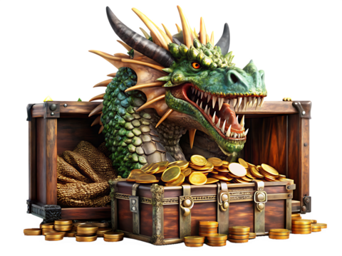 Green Dragon Head Peeking From Treasure Chest Filled With Gold Coins and Sacks wooden chest isolated on a transparent background