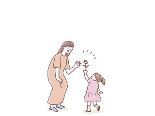 お母さん、女性に花を渡す小さな女の子