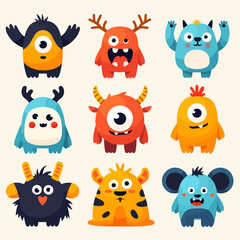 Set of cute smiling monsters. Stickers with funny fluffy characters from fairy tales. Children design elements for toys and fabric printing. Cartoon flat vector collection isolated on white background