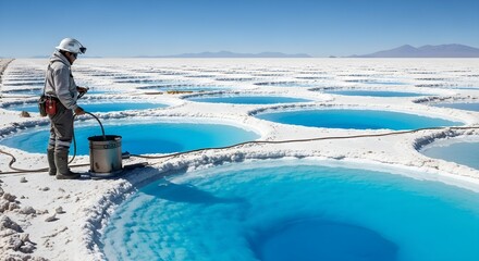 Industrial worker overseeing the lithium extraction process in vibrant blue brine pools on a vast desert salt flat, a vital resource for green energy