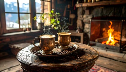 Cozy cabin scene with steaming mugs near fireplace