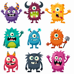Happy Halloween! Cute funny monsters, hand drawn. Colorful set of scary and ugly characters. Eyes, tongue, fangs, tentacles, hands up. Vector holiday stickers.