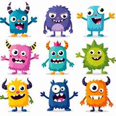 Happy Halloween! Cute funny monsters, hand drawn. Colorful set of scary and ugly characters. Eyes, tongue, fangs, tentacles, hands up. Vector holiday stickers.