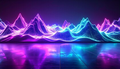 Digital energy waves forming holographic mountains, shifting neon colors reflecting on sleek polished floors in high detail