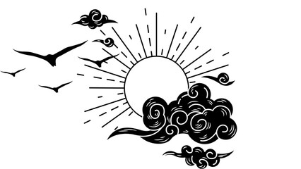 Black and white line art of a mystical sunrise