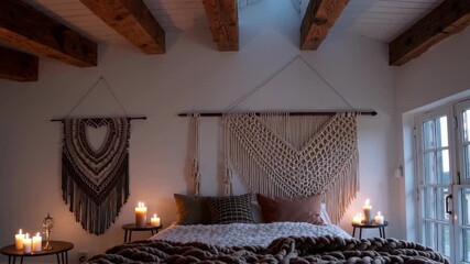 AI-generated cozy bedroom with macrame wall hangings, lit candles, wooden beams, and soft pillows - Powered by Adobe