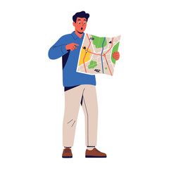 Lost in the Cartography: An individual, animated by surprise, explores a vibrant map, with animated illustration and a keen sense of wonder, setting the stage for exploration and direction.