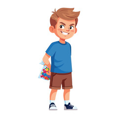  Mischievous Boy and His Hidden Surprise: A playful boy in a blue shirt conceals a bag of colorful candies behind his back, a sly smile playing on his lips, hinting at a delightful secret.