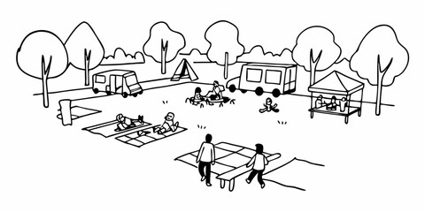 Illustration of a park scene with people camping, vans, trees, and picnic tables in black and white style on transparent background