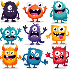 Monster characters with horns wings and big eyes. Vector flat illustration of cute monsters isolated on white background. Cartoon cute monsters with scary emotions.