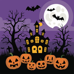 Fototapeta premium Haunted house with pumpkins and bats under a full moon at night halloween spooky