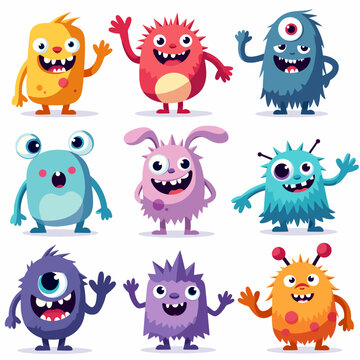 Cute monsters set. Red, yellow, blue and green mutants with horns. Imagination and fantasy, fairy tale. 