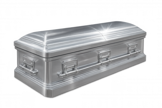 Silver coffin gleaming against translucent backdrop, representing mortality and mourning